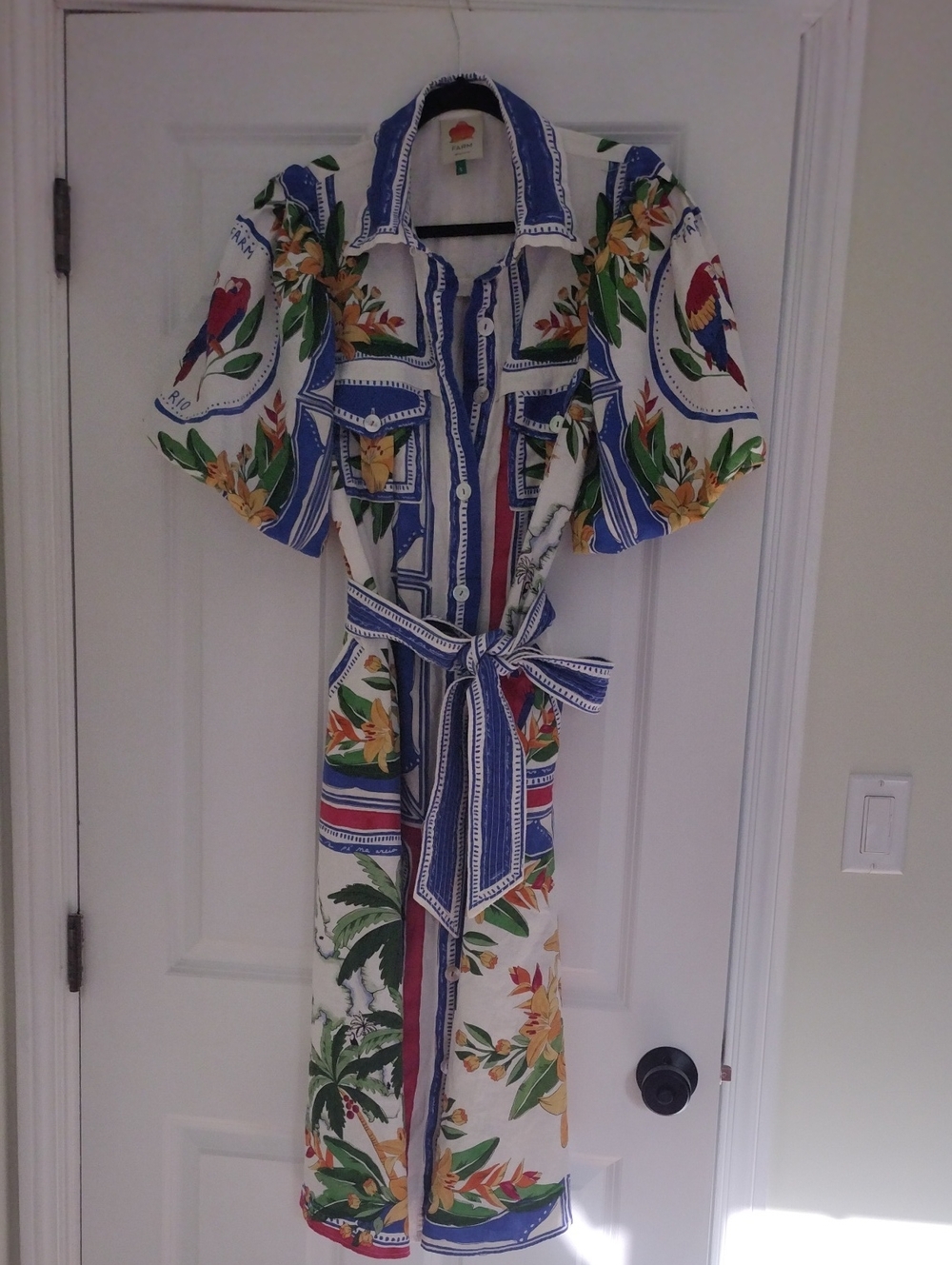 Farm Rio Tropical Destination Print Belted Linen Blend Shirt Dress - Small - Picture 2 of 7